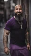 Placeholder: full figure photography of dirty smiling marocan burly muscular chubby strong man 38 years old with long raided beard, shaved hair, tattoo, photorealistic ,dressed with a purple torn and broken t-shirt, side light, outdoor in a dirty street