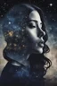 Placeholder: Double exposure of a female person's profile and a utopistic starry night sky, dramatic mood, dark depressive style, highly detailed intricate, surreal, stunning