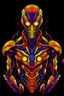 Placeholder: Vibrant Vector Art, Front View, alien robot with armor, neon purple, yellow and Orange lava veins, stylized, below shoulders body, half skin, black background, closed mouth , wider face,