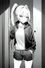 Placeholder: blonde girl with ponytails dressed in a jacket and shorts walks proudly in a corridor, greyscale