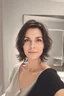 Placeholder: A selfie of a brunette woman, middle short hair taken at spa salon. showing incredibly beautiful extremely attractive 37-year-old European woman. (She has white skin, tousled black hair, pretty face without makeup, big round brown eyes, cute profiled nose, detailed full lips.)