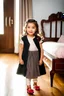 Placeholder: a 4 years old azeri girl in modern clothing and makeup standing pose with cute and joy with pertty shoes in a very large luxury baby bedroom