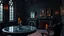 Placeholder: a high-detailed gothic castle room with unique interior. The stunning antique beauty is captured with an old, moody atmosphere. The gothic windos and interiors in Victorian and Goth style table with one candle, chair, mirror, old crepy dark pictures, one stunning old black marble fireplace, nice armchair , some spider webs on window, sharp focus, realistic,. The color palette is dominated by black, red, silver, hues, casting a dramatic glow , interior photo, hig realistic, detailed, beautifull s