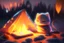 Placeholder: Against a dark cracked holographic marble background, a cute chibi plushy fluffy knitted and embroidered cat, tent, campfire, pond, mist and fog in sunshine, drawn in orange glowing neon lines. The cracks in the background are golden. Ethereal, cinematic postprocessing.