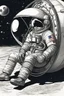 Placeholder: close side view of An astronaut sitting on a large steel ball.floating in the air, wide legs, holding on to the chain