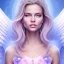 Placeholder: portrait of a beautiful woman with an angel face smiling, pink and blue dress, jewels, soft light aura