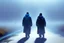 Placeholder: two people without gender seen from behind walking side by side in an empty foggy plain, above there is blue sky