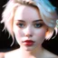 Placeholder: woman, twenty years old, white blond shortish hair, wavy, strong facial features, sof nose, light grey eyes, light pale skin, rose lips, naked, portrait, close up, beautiful young woman, many shadows, hair tied up, loose strands framing face, NO piercings