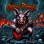 Placeholder: make a Album cover, death metal, and a big evil swine with guitar, the band name is Optimus Primus, burning factory in background