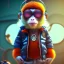 Placeholder: Monkey toddler, smile, steampunk headphone, sunglass, gangsta neckless, full body, orange puffer jacket, tokio background, dramatic lighting, hyper realistic, unreal engine 5, 16k