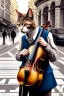 Placeholder: One single mature cat playing violin on the street, Vienna, friendly, model style, hyper realistic, extremely accurate, delicate, extremely detailed, Graphic novel style, wide-angle, open aperture, superfine pencil