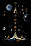 Placeholder: A pyramid-shaped space station surrounded by dark moons painted by Wassily Kandinsky