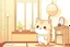 Placeholder: cute fluffy chibi beige cat with a giant thermometer in a modern room in sunshine