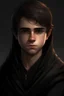 Placeholder: a 15 year old male, short brown hair, round innocent face, brown eyes, melancholic, dressed in black robes, realistic epic fantasy style