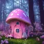 Placeholder: a cute pink and blue fairy house in the forest, spring time, mushrooms, 8k, flickering light, centered, high-quality, fine-detail, digital art, detailed matte, volumetric lighting, illustration, 3D octane render