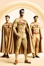 Placeholder: three men in different Balenciaga Superman's big emblem clothing, beige tones, fashion plates, outfits, modern designs, deconstructed tailoring, rendered in cinema4d –q 2 –ar 3:5