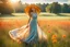 Placeholder: A young woman, elegantly adorned in a big summer hat and a flowing dress that matches the vibrant hues of the surrounding meadow, stands confidently in the center of a vast field. Her eyes are closed, a gentle smile playing on her lips as she feels the warm embrace of the sunshine and the tender kiss of a soft summer breeze. The meadow is a canvas of harmony, painted with a dazzling array of wildflowers that dance and sway in the little wind. The blue sky