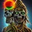 Placeholder: Corps entier Zombie rastafary iron maiden feuille cannabis, yeux rouges, bandeau couleur rasta,4k, couleur chaudes, plage et explosion nucléaire en fond image