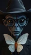 Placeholder: A man in black with a black cowboy hat and dark eyeglasses a body shot of a super blue skin alien, full head, old, looking at the camera, super big head, super big black eyes, small mouth, no ears, total black skin. photo real, hyperrealistic, high dynamic range, rich colors, lifelike texturesv, 8K UHD, high color depth. neutral dark background.warring a white papillon