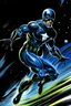 Placeholder: outer space background -- running --art style of neal adams -- an extremely muscular man wearing a black, bandit eye mask, a black, skintight, formfitting cowl, a black, skintight, formfitting kevlar bodysuit, black gloves, silver wrist gauntlets, silver belt, silver knee-high boots, silver lightning emblem on the chest, with cobalt blue eyes, a mustache and goatee, fire, lightning, wind, rain, volcanic lava, fireworks, explosions, multicolored neon lights