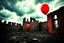 Placeholder: one red party balloon on sky, high realistic, storm, gloomy, surreal, little dark old city, ruins, professional photo, cinematic, utopistic