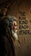 Placeholder: A hand writing On cave wall written “ BE KIND TO EACH OTHER “ an old man with bear and king hair died by the cave wall , a dim lighting great quality picture with primitive style