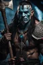 Placeholder: portrait of an orc king. Tribal Tattoo. Dark braided hair and ice blue eyes. smiling. Half of his head is shaved. wearing jewellery. Carrying a battleaxe. High resolution. 4K. 8K. Dark Fantasy style. Cave in the background