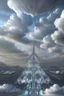 Placeholder: an idea is created of a bridge which has white clouds, in the style of futuristic digital art, grid formations, hall of mirrors, black and gray, photorealistic fantasies, multilayered dimensions, frontal perspective