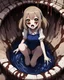 Placeholder: Anime girl with big eyes, darkblue and sepia tones, fullbody, slime, the perspective looking up from the bottom of an empty well, rolling eyes, tongue out, blood drip, open mouth,