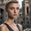 Placeholder: 32k uhd, a close up portrait photo of 18yo, mix (elizabeth debicki sara sampaio rose namajunas gemma ward), short haircut, tanned skin, hyper muscular body, background is city ruins, (high detailed skin:1.2), 8k uhd, dslr, soft lighting, high quality, film grain, Fujifilm XT3