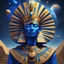 Placeholder: A surreal and vibrant digital artwork showcasing a colossal Egyptian pharaoh's head, intricately adorned with a regal blue and gold headdress. The scene unfolds against a cosmic backdrop teeming with swirling stars and distant planets. In the foreground, a heroic figure draped in a flowing cape stands triumphantly atop a towering mound of glistening currency, pointing dramatically towards the heavens. Surrounding this captivating display are a fusion of ancient monuments and futuristic technolog