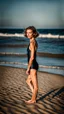 Placeholder: beautiful anorexic woman, standing frontal, full body shot, short shiny triathlon swimsuit, wavy bob haircut, photographed on the beach, raw