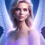 Placeholder: portrait of a beautiful woman with an angel face smiling, pink and blue dress, jewels, soft light aura