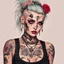 Placeholder: youthful Tank Girl, her dreamy eyes, with lovely skeletal tattoos adorned in delicate skulls, roses, and bones