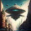 Placeholder: epic, intricate details, high detail, modern city, one small alien retro ufo in the sky, wiew from the streets