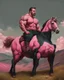 Placeholder: a big muscle man sitting on a pink horse in hills like a 19th painting