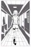 Placeholder: blonde girl runs in a corridor, back view, line arts, manga style