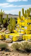 Placeholder: A yellow desert with cactuses designed in Ica stones painted by Piet Mondrian