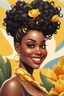 Placeholder: Create a abstract cartoon art style image of a curvy black female looking down with a smile on her face. Prominent makeup with hazel eyes. Highly detailed messy curly bun with a hair scarf on her head with large yellow tulip flowers surrounding her. 2k