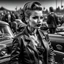 Placeholder: Create image: woman with a vintage pin-up hairstyle in greyscale tones stands in the foreground. She's wearing a zippered leather jacket and adorned with tattoos, a red bandana, earrings, and dark lipstick. In the background, a vivid scene of a drag race unfolds with classic cars and visible smoke above.