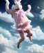 Placeholder: Ultra realistic speed clouds sky scene, wide angle view, childs falling down with many Childs background, rabbit head, circus dress style, feather color, free jumping flying, many trinkets, hair monster, many jelly beans, balls, color smoke, smile, happy, extreme, wind, clouds sea, 20,000 feet altitude, stratosphere, soft color, highly detailed, unreal engine 5, ray tracing, RTX, lumen lighting, ultra detail, volumetric lighting, 3d, finely drawn, high definition, high resolution.