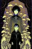 Placeholder: 7 year old boy, friendly, looks dead, with weird mushrooms growing out of him, wearing black robes, in the style of Harry Clarke