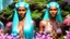 Placeholder: Photo realistic portrait of a gorgeous smiling skinny polynesian goddess with a golden dark shining skin, long smooth clear turquoise blue and pink white hair, blue eyes, in a sci-fi outfit with luminous strikes blowing a kiss in a hill of flowers with sakura trees, a waterfall, a crystal palace, loads of mini flowers, moss, sun rays through the branches, particles in the air at spring. Intricated details,