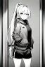 Placeholder: blonde girl with ponytails dressed in a jacket and shorts walks proudly in a corridor, greyscale