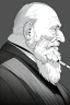 Placeholder: old man in profile smokes a cigar, shot hair, greyscale