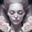 Placeholder: woman lying on satin pilow with closed eyes and cobwebs on face, hands crossed on chest holding roses, 8k, high-quality, fine-detail, intricate, sharp, crisp, digital art, detailed matte, illustration, octane render, brian froud, howard lyon, Anne Dittman, Anne Stokes, Lisa Parker, Selina French