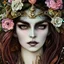 Placeholder: a drawing of a woman with flowers in her hair, by Android Jones, featured on deviantart, fantasy art, in the art style of mohrbacher, resembling a mix of grimes, girl with brown hair, an young urban explorer woman, sacred skull, accompanying hybrid, necrosis, woodpunk