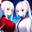 Placeholder: Clear focus, 8k, beautiful lighting, vibrant colors, girl, white hair, long hair, vibrant red eyes, ponytail, same twins, white hair, red eyes, same clothes,