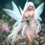 Placeholder: cute fantasy fairy with transparent wings, smiling, make up, long platinum blond hair with crown and flowers, pink dress, unity engine