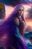 Placeholder: half body shot,realistic portrait of a 20-25 old femal model, long blue pink flowing hair, great grey eyes, ,full body, standing in rocky beach , very big ship, stormy sea with sunset ,clouds,god rays ,storm,rocky beach